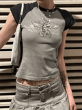 Raglan Sleeve Grunge Wing Print Crop Top- Outfit