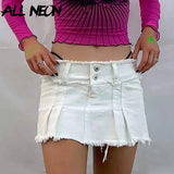 2000s Aesthetics Low Rise Distressed Hem Mini Skirts Cute Fashion Button Up A-line White Denim Pleated Skirt Autumn