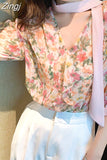 Floral Print Chiffon Blouse Women Korean Elegant Bow Tie Scarf Collar Sweet Shirts Loose Casual Short Sleeve Tops
