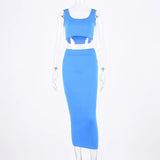 women summer clothes soild color casual crop tank tops long pencil skirt fitness skinny outfit suit two piece 2pc