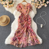 Retro Minority Design Rope Printing V-Collar Jumpsuit Skirt Summer Women's Dress Waist Hip Fishtail Skirt