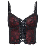 Spaghetti Straps Dark Red Lace Up Corset Camis Floral Bandage Harajuku Sling Tee Y2K Retro Fairycore Grunge Cropped