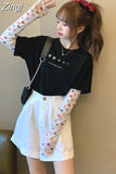 Women Long Sleeve T-shirts Spring Patch Designs Printed Sweat Fresh Korean Fashion Leisure Preppy Style Loose Teens BF Ins