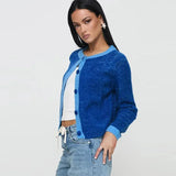 Contrast O-neck Single Breasted Long Sleeve Cardigan- Outfit