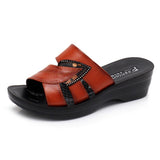 Women Slippers Genuine Leather Casual Slides Women Summer Shoes Retro Solid Mother Shoes Wedges Flip Flops