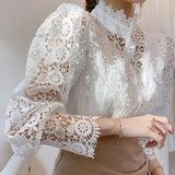 Flower Lace Blouse Women Korean Style Stand Collar Hollow Out Elegant White Shirt Spring Autumn Fashion Ladies