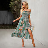 Elegant Floral Print Hem Split Dresses Women Summer Dress 2022 New Boho Holiday Slash Neck Short Sleeve Swing Midi