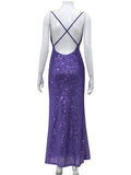 Purple Sequin Cowl Neck Backless Midi Dress- Outfit