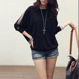Autumn Round Neck Lace Hollow Out Loose Casual T-shirt Ladies Batwing Long Sleeve All-match Pullover Top Women's