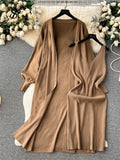 Autumn Solid Knitted Two Pieces Suits Loose Cardigan+V Neck Tank Bodycon Mini Slim Skirt Women Streetwear Sweater