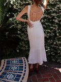Elegant Women Lace Floral Dress Sleeveless V-neck Bodycon Party Knee Length White Backless Tie-up Female Vestido