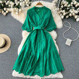 Zingj Hollowed-Out Dress Women's Bubble Sleeves New Loose Embroidery Light Ripe Wind Waist Showing A Long Skirt With Thin Lotus