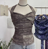 Solid Shot Tie-Dye-Dyed Denim Print Folding Mesh Sling Sling Sling Neck With Bow Striped Backwear
