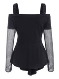 Panel Cold Shoulder Grommet T Shirt With Thumb Hole Long Sleeved Square Neckl Tops Ladies Solid Color T-Shirt