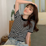ice cream color tee-shirt female short Cute t-shirt striped slim knitting Top Short Sleeve
