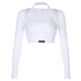 Two Pieces Fitness Cropped T-shirt Casual Long Sleeve Cotton Tshirt Women Buckle Up Skinny Crop Top T Shirt
