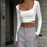 Autumn Square Neck White Long Sleeve Top Crop Sexy Women Cut Out Skinny Solid 2022 Casual Basic T Shirts Summer