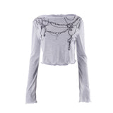 Spring And Summer 2024 New Word-Collar Fashion Prints Long-Sleeved Wave Wave Wave Wave Top