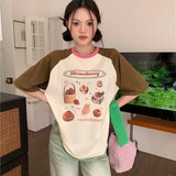 Summer Japanese Contrast Color Loose T-shirts Casual O Neck Cropped Tops Women Short Sleeve Y2k Aesthetic Kawaii Print