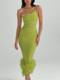 Elegant Feathers Midi Dress for Women Clothes Gown Summer Sleeveless Party Club Asymmetrical Long Dresses