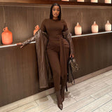 Collar Solid-Color Splicing T-Shirt With Metal Buckle Long-Sleeved Jumpsuit Fashion Casual Tight Jumpsuit