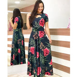 Summer New Elegant Women's Maxi Dress Bohmia Casual Flower Print Robe Fashion Hollow Out Ladies Short Sleeve Dress