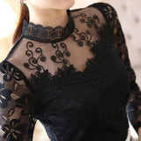 Summer Stand Collar Sexy Lace Hook Jacquard Hollow Out Pullover T-shirt Top Women Elegant All-match Long Sleeve Slim