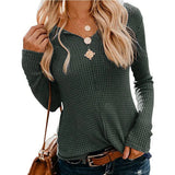 2020 Spring Autumn New Sexy V Neck Women's T Shrits Fashion Casual Solid Long Sleeve Ladies Waffle Check Knit Loose