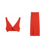 Fashion Red Knitted Cardigan Cropped Top Midi Skirt 3 Pieces Optional High Waist Elegant Set Summer Bodycon