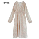 2021 Print Dress for Women Sexy V Neck Midi Dress Vestidos Long Sleeve A Line Elastic waist Long