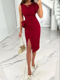 Women Chic Irregular Long Dress Elegant Ruffle Backless Zipper Slim Party Dress 2022 Solid High Slit Evening Midi