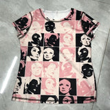 Vintage Crop Top Y2K Aesthetic Face Portrait Graphic T-shirt Harajuku Tie Dye Women Summer Sweats Tee Gothic