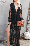 Lace Dress Long Women Bohemian Embroidered Maxi Dress Female V Neck Hollow Out White Casual Holiday Beach Dress