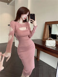 Girl O-Neck Long-sleeved Dress Women's Autumn/Winter Hollow Out Slim Fit Sexy Wrapped Hip Knitted Dress Female