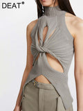 Temperament Women's Knitted Tops New High Collar Hollow Out Kink Sleeveless Solid Color Tank Tops Summer 2023