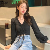 Sleeve T-shirts Women V-neck Shirring Solid Leisure Elegant Cozy Fashion College Sexy Sweet Slim College Ulzzang Crop