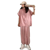 BF Oversized Sets Women Solid Zipper Sweater Elastic High Waist Wide Leg Soft Pants Simple Casual Korean Daily Student