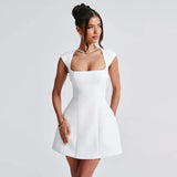 Square Neck Short Sleeve A-Line Solid Mini Dress-Outfit