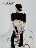 Pad Puff Sleeve Square Neck Summer Blouse Women Asymmetrical Peplum Top Bow Tie Back Ladies Top Korean Fashion