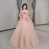 Three-Dimensional Flowers Shoulder Small Tail Dress Bridal Toast Banquet Fairy Fluffy Skirt Evening Dress