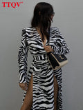 Sexy V-neck Stripe Print Dress Women Spring Vintage A-line Long Sleeve Midi Dress Fashion Loose Slit Female Party