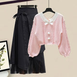 Zingj Women Winter Patchwork Long Sleeve Knitted Tops + Asymmetric Skirt 2 Piece Suit Female Party Elegant Two Piece Set 102-1-Outfit