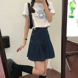 Harajuku Denim Skirt Women Summer Pleated Skirt Fashion High Waist Leisure Retro Skirt Female