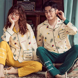 Cotton Couple Pajamas Set Homesuit Autumn Winter Simple Solid Lapel Long Sleeve Men And Women Nightwear Lovers