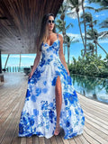 Summer Sexy Deep V Neck Maxi Dress Floral Print Sling Split Women Dress Beach Holiday A-line Long Dress Casual Tank Top