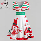 Dress Women Winter Santa Claus Striped Print Elegant Short Sleeve V-neck Xmas Party Midi