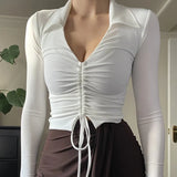 V Neck Ruched Brown Casual Crop Top T Shirt Autumn Long Sleeve Basic T-shirt Women Skinny Fashion Tee Shirt
