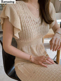 Summer Women Korean Style Retro Knit Midi Dresses Set Women Elegant Female Clothing Robe