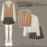 Autumn College Style Retro Vest Three-Piece Suit Female High-Waisted Half-Dress Long-Sleeved Shirt