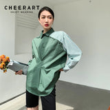 Designer Green Long Sleeve Loose Shirt Women Autumn 2021 Fashion Patchwork Tops And Blouses Grunge Shirt Fall